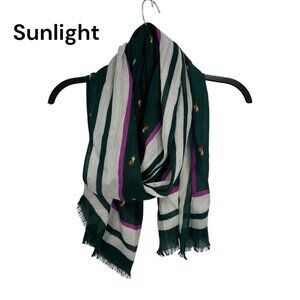 Talbots 100% Viscose Green Striped & Fox Print Scarf Rectangle 70'' X 24''
